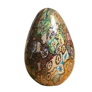 Murano Style Millefiori Glass Egg Paperweight 24K Gold Leaf Inclusions 2.5" MCM
